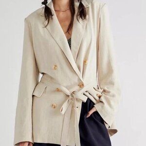 Free People Size M Linen Blend Long Sleeve Olivia Blazer Ivory Belted Jacket